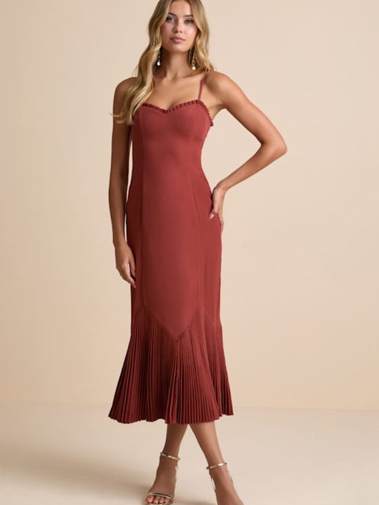 Lulus Dresses & Skirts - Lulus Channa Rust Red Pleated Hem Midi Dress - Size M